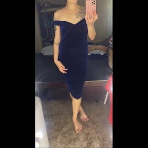 Velvet navy blue off the shoulder midi dress